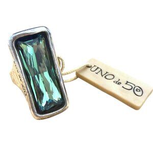 Micron Silver Green Aurora Borealis Baguette Cut Swarovski Crystal Ring - Size 6